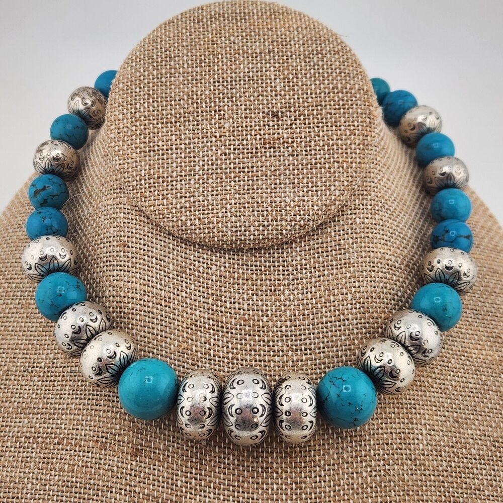 Vintage Faux Turquoise Necklace 20" Southwest Boho Coldwater Creek Silver Etched